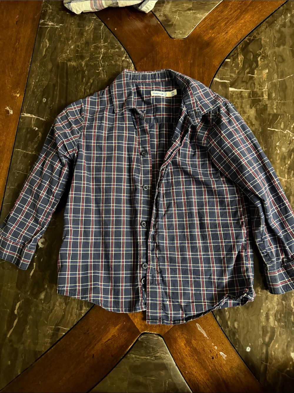 Mayoral Navy Plaid Button-Down Shirt with Red and White Lines